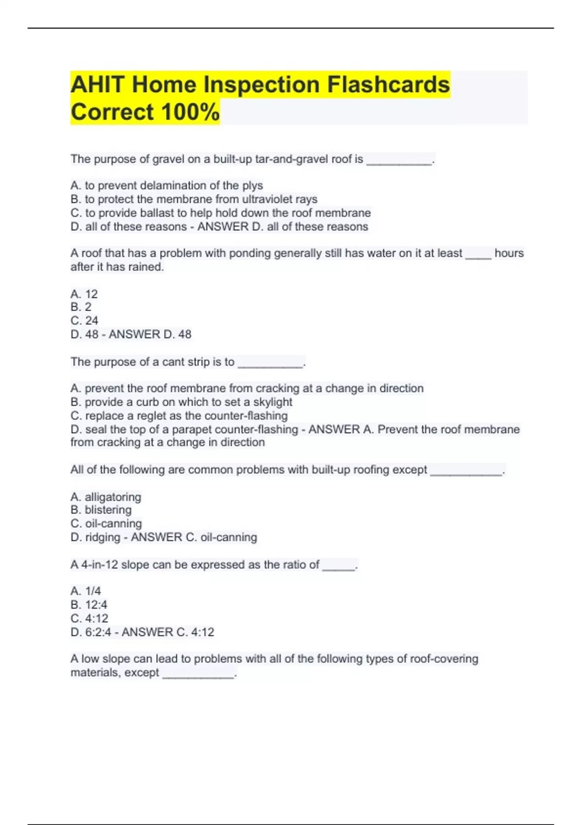 AHIT Home Inspection Flashcards Correct 100 AHIT Stuvia US