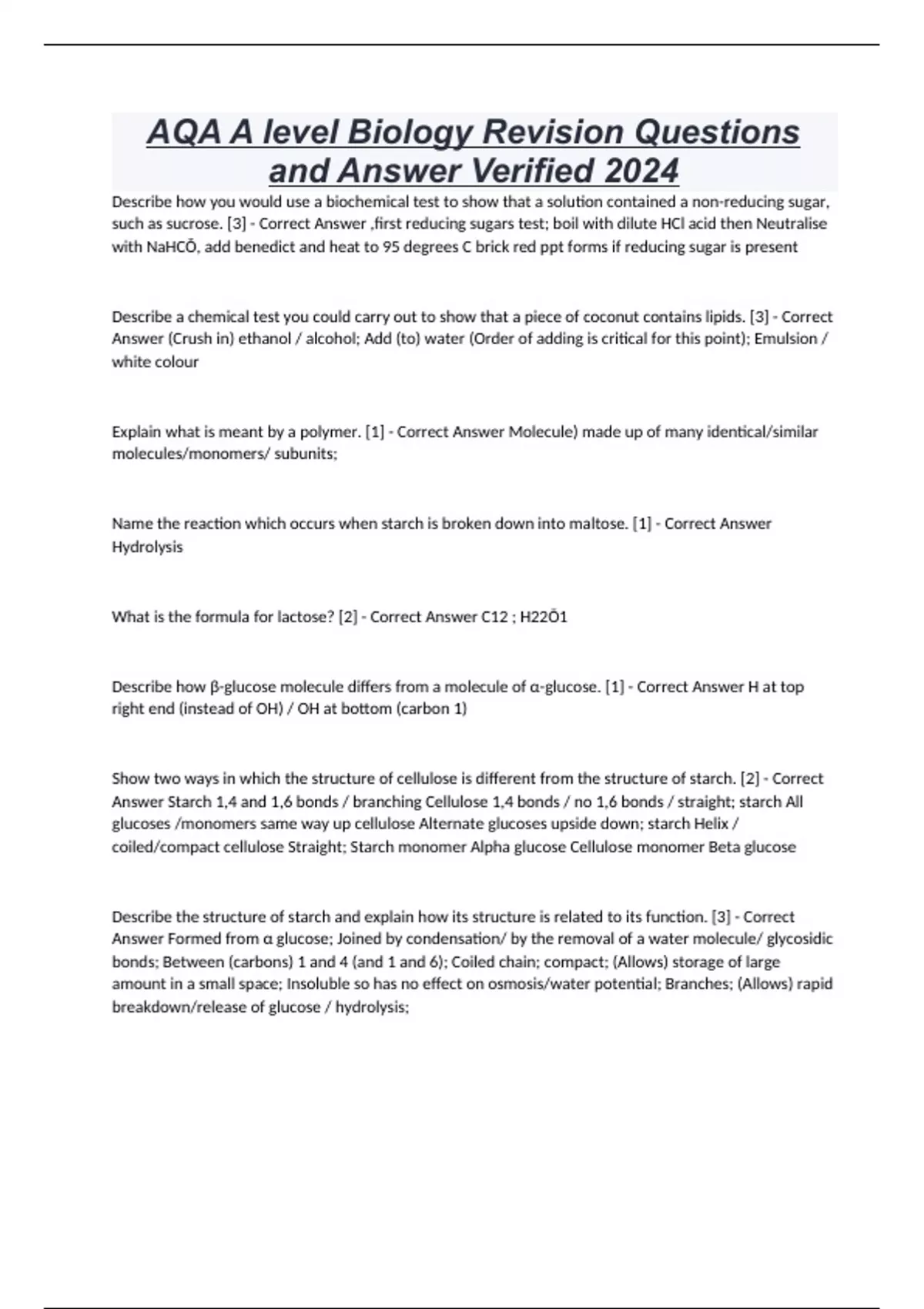 AQA A level Biology Revision Questions and Answer Verified 2024 - AQA A ...