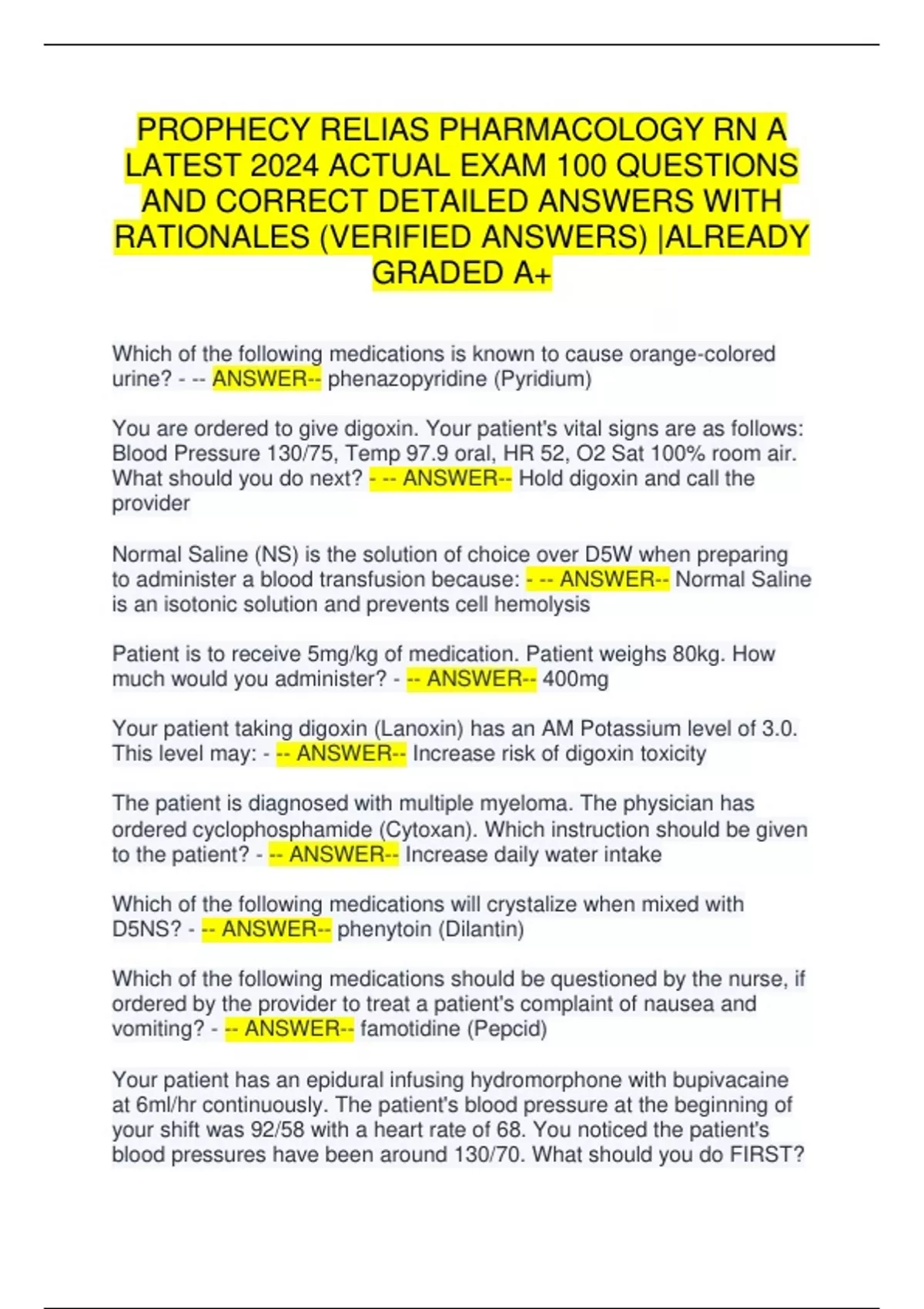 PROPHECY RELIAS PHARMACOLOGY RN A LATEST 2024 ACTUAL EXAM QUESTIONS AND