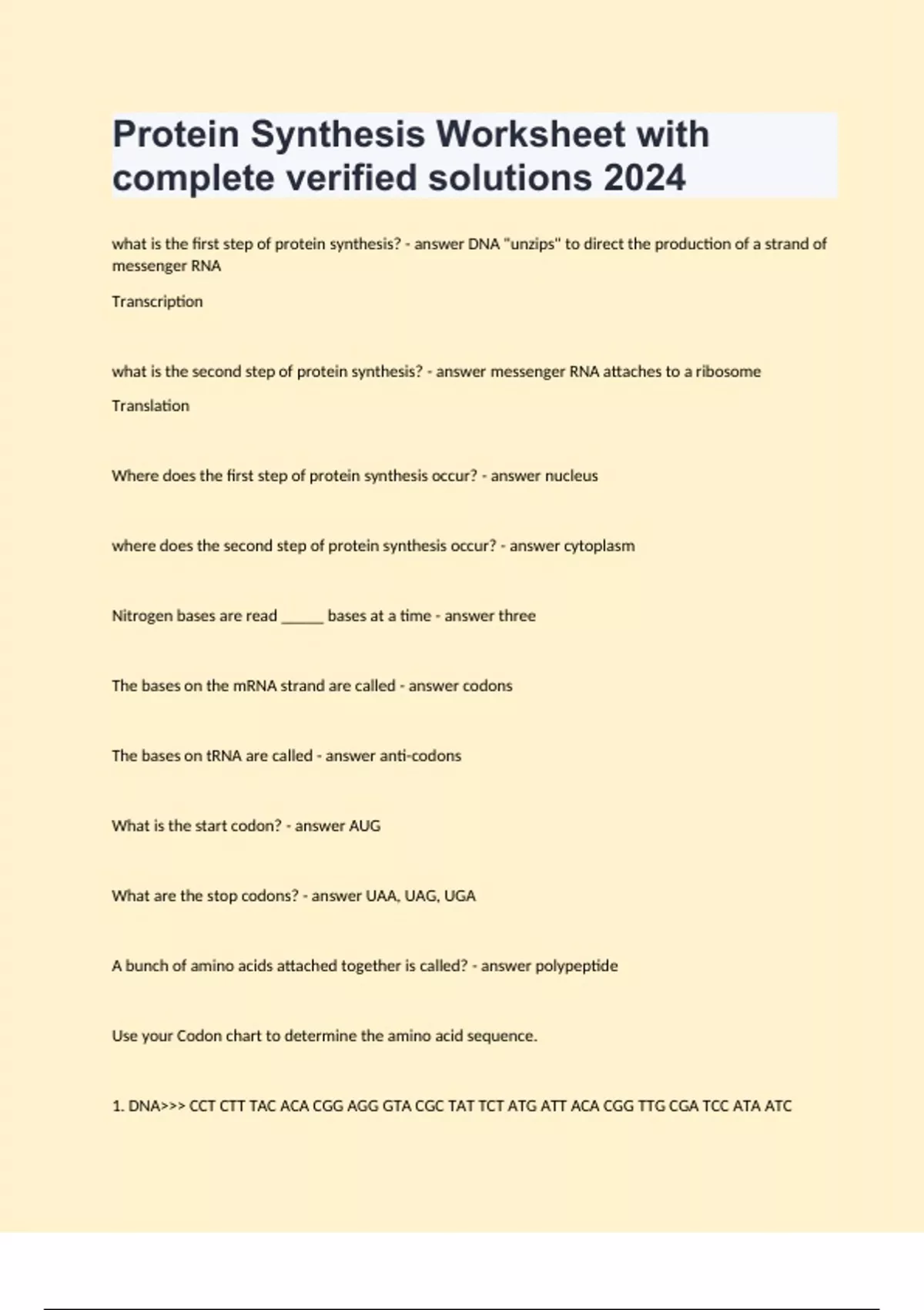 Protein Synthesis Worksheet with complete verified solutions 2024