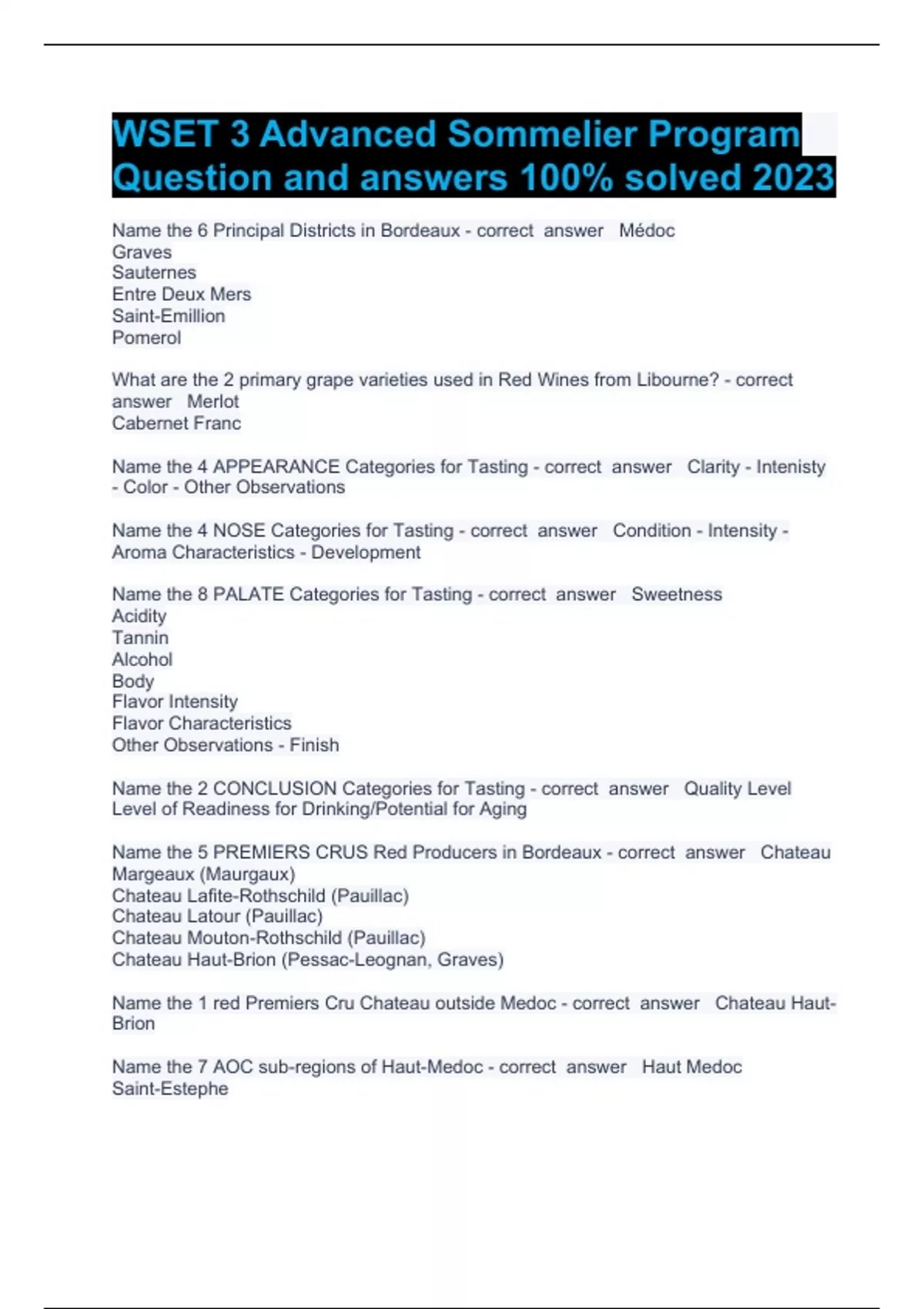 WSET 3 Advanced Sommelier Program Question and CERTIFIED DETAILED ...