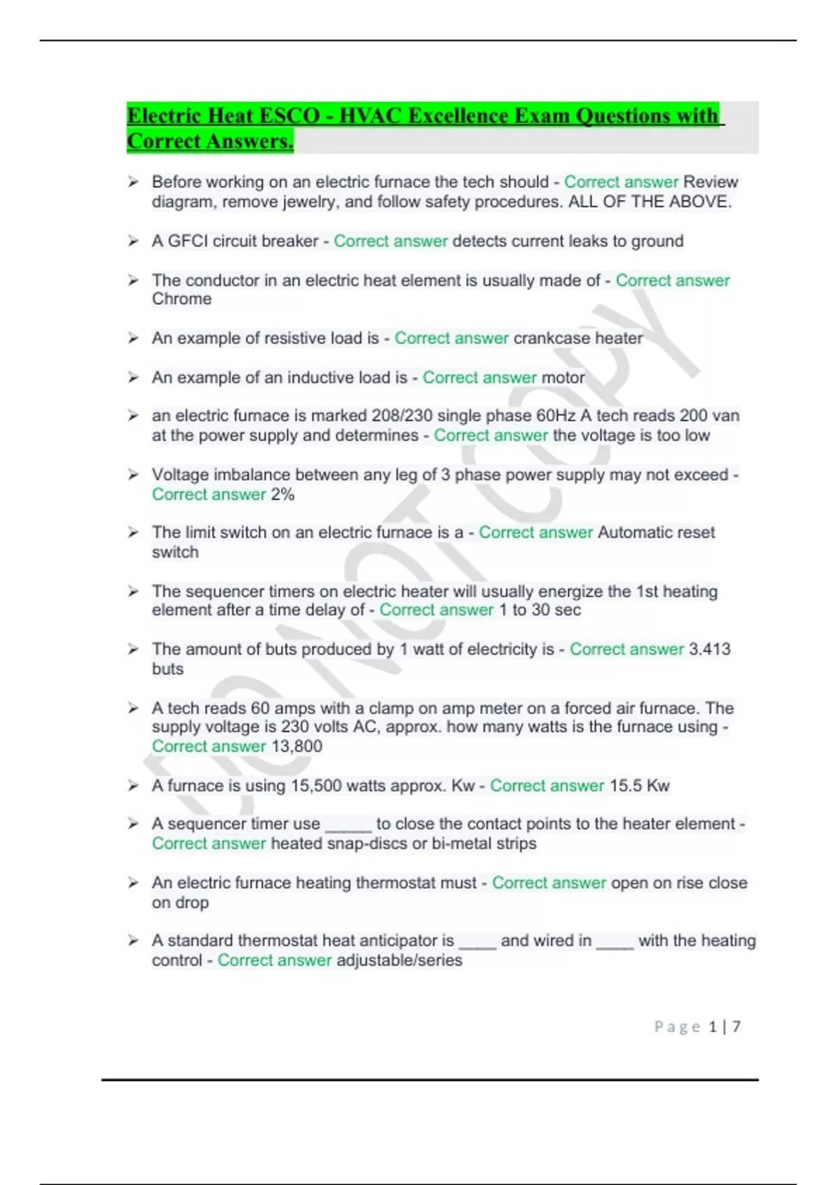 Electric Heat ESCO HVAC Excellence Exam Questions with Correct