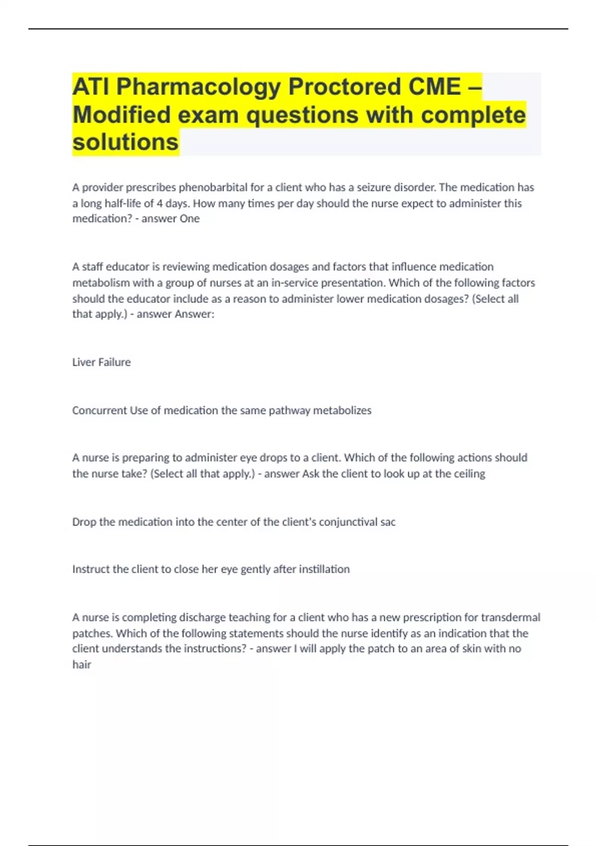 ATI Pharmacology Proctored CME – Modified exam questions with complete ...
