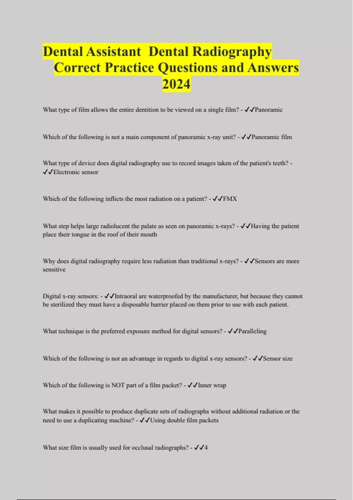 Dental Assistant Dental Radiography Correct Practice Questions and