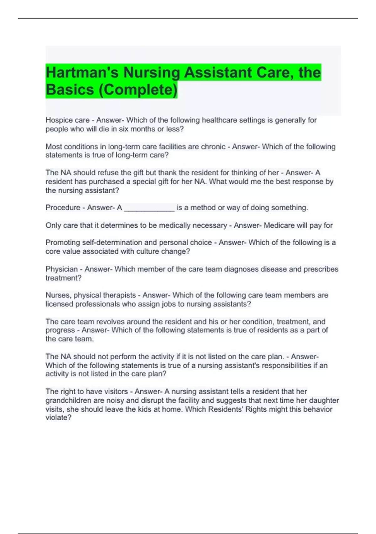 Hartman's Nursing Assistant Care, the Basics Exam Questions with correct Answers