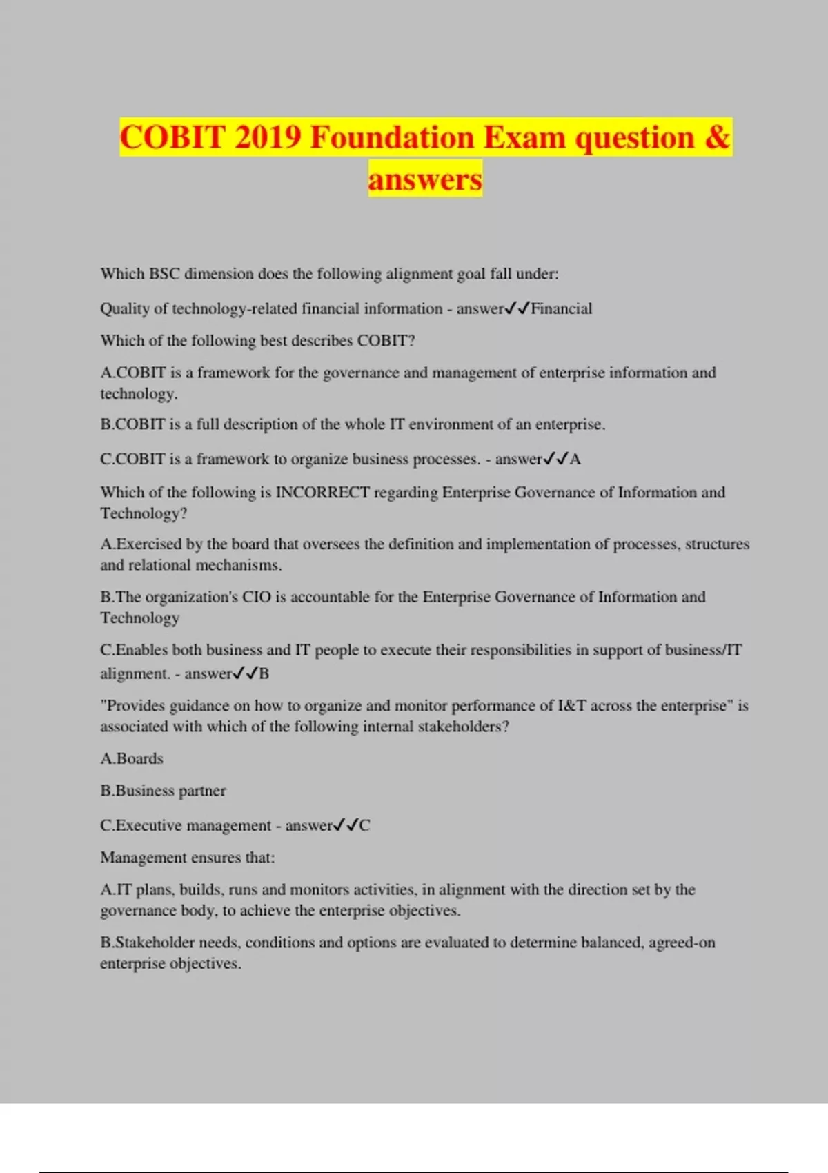 COBIT 2019 Foundation Exam question & answers COBIT Stuvia US