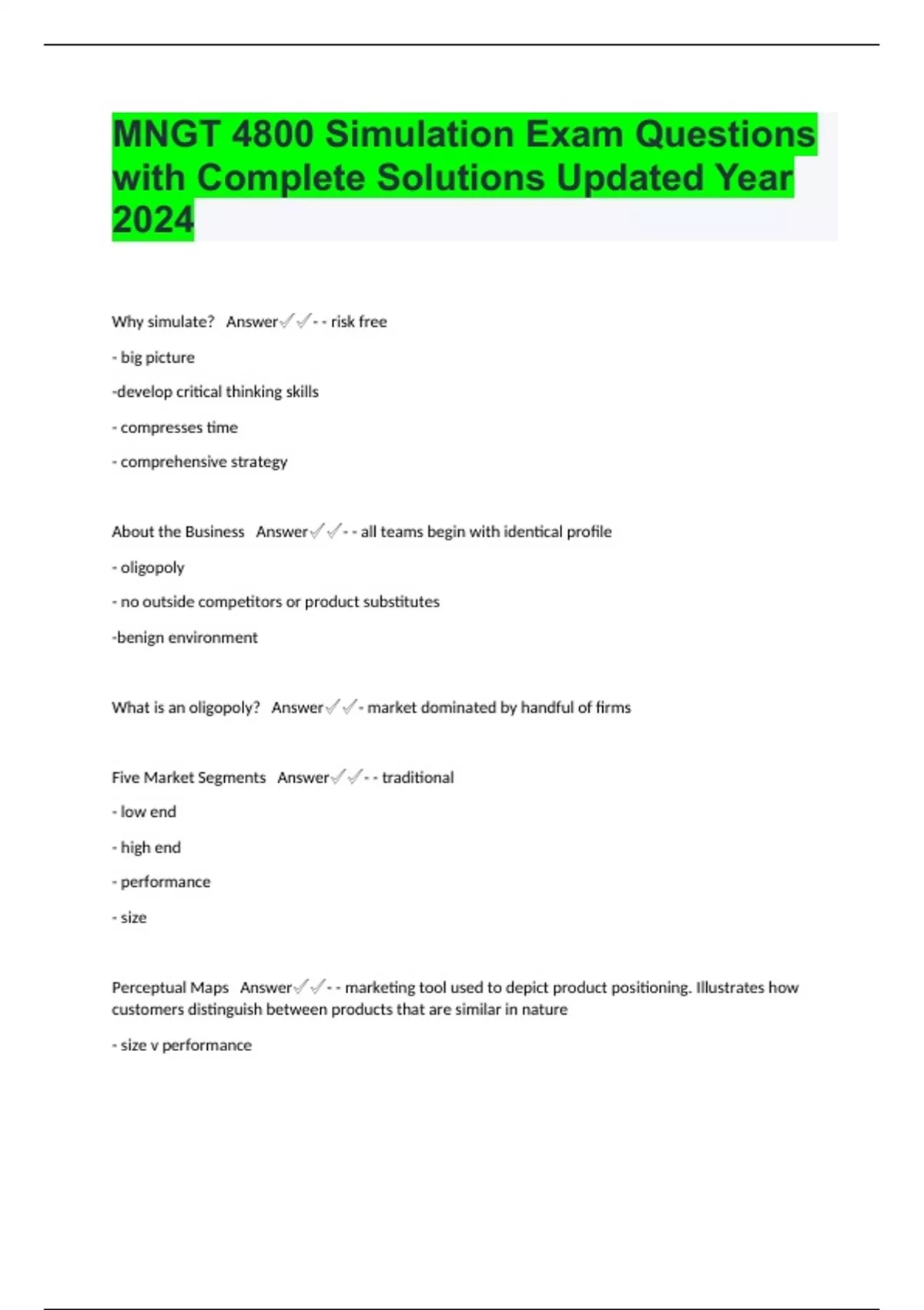 MNGT 4800 Simulation Exam Questions with Complete Solutions Updated ...