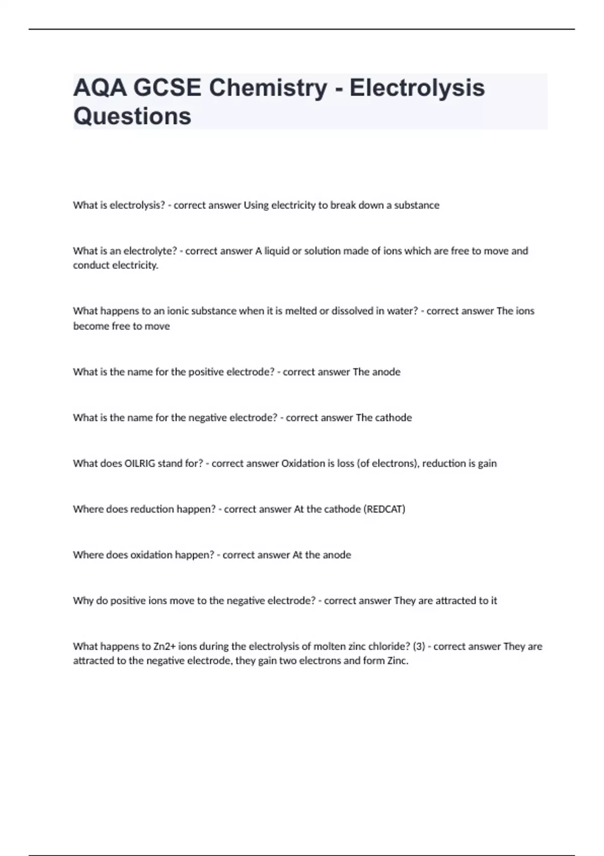 AQA GCSE Chemistry Electrolysis Questions and 100 correct answers