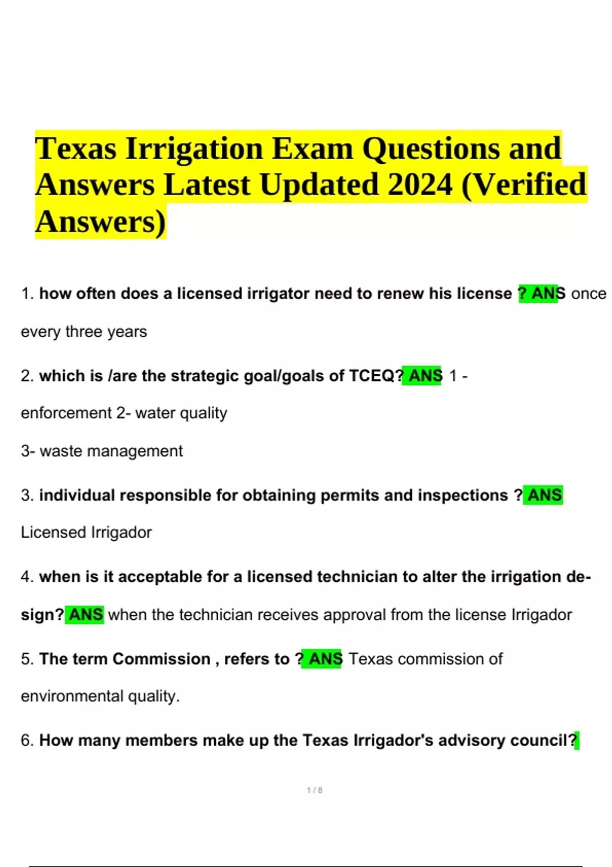 Texas Irrigation Exam Questions With Correct Answers Latest Updated