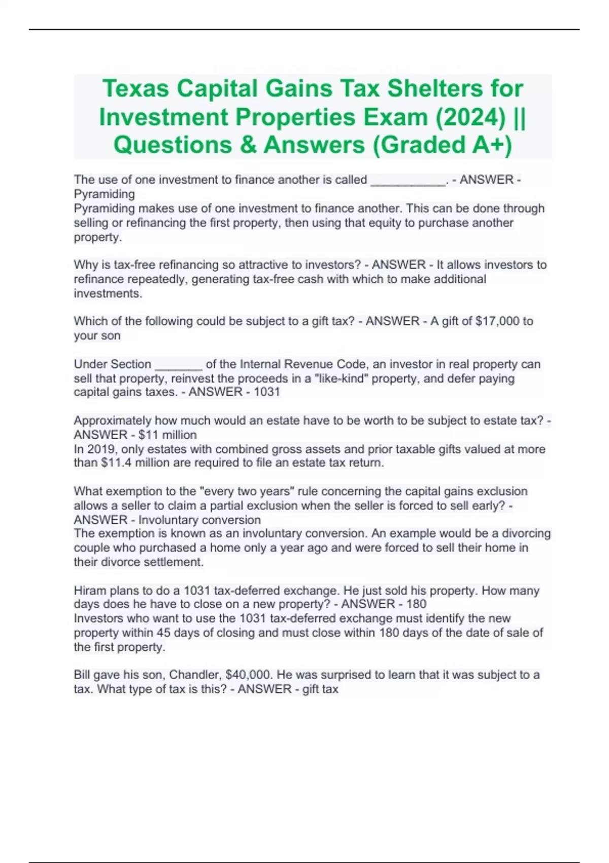Texas Capital Gains Tax Shelters for Investment Properties Exam (2024 ...