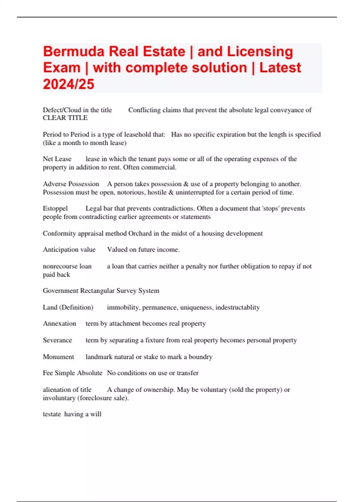 Bermuda Real Estate and Licensing Exam with complete solution Latest 2024/25/bermuda