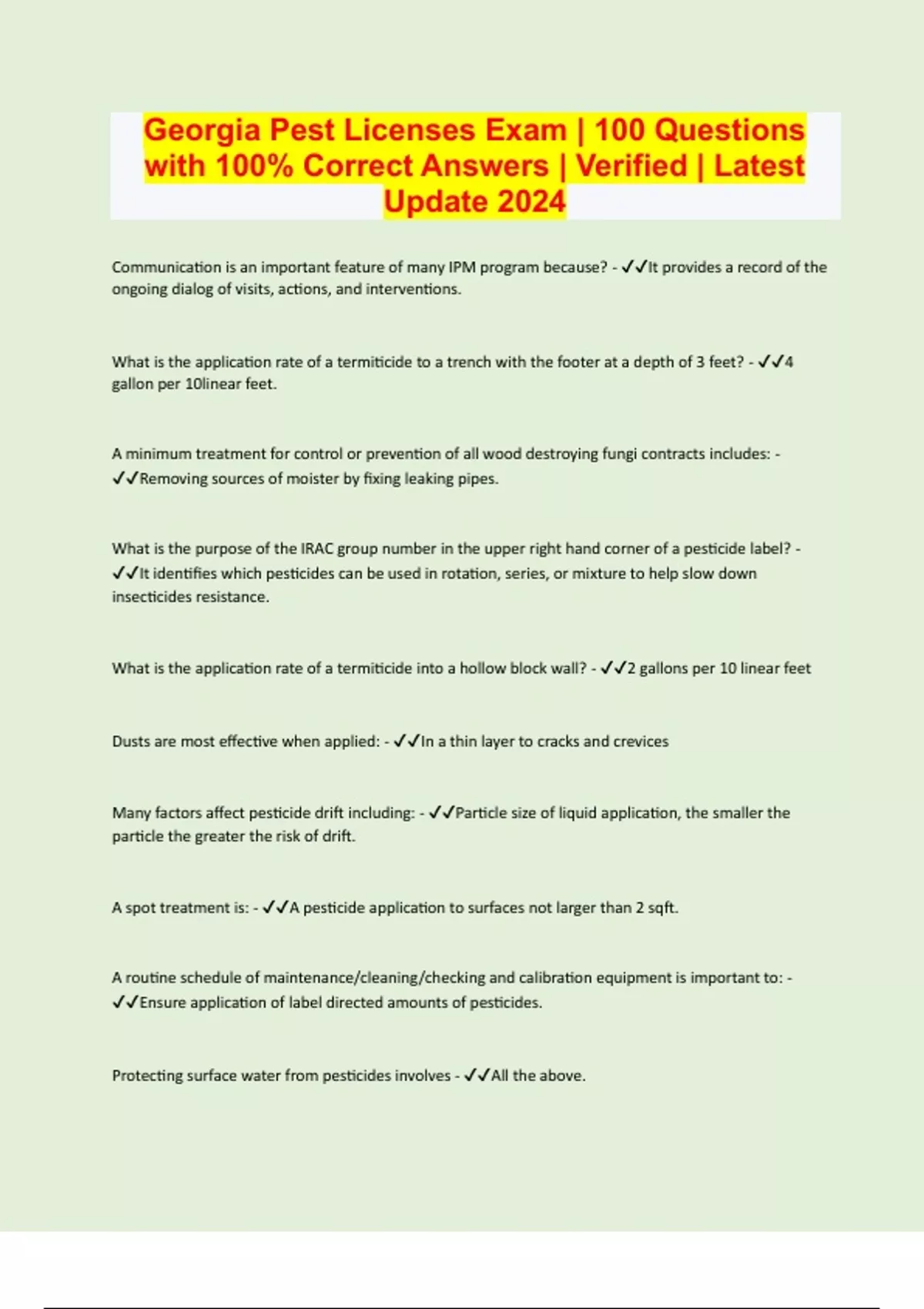 Pest Licenses Exam 100 Questions with 100 Correct Answers