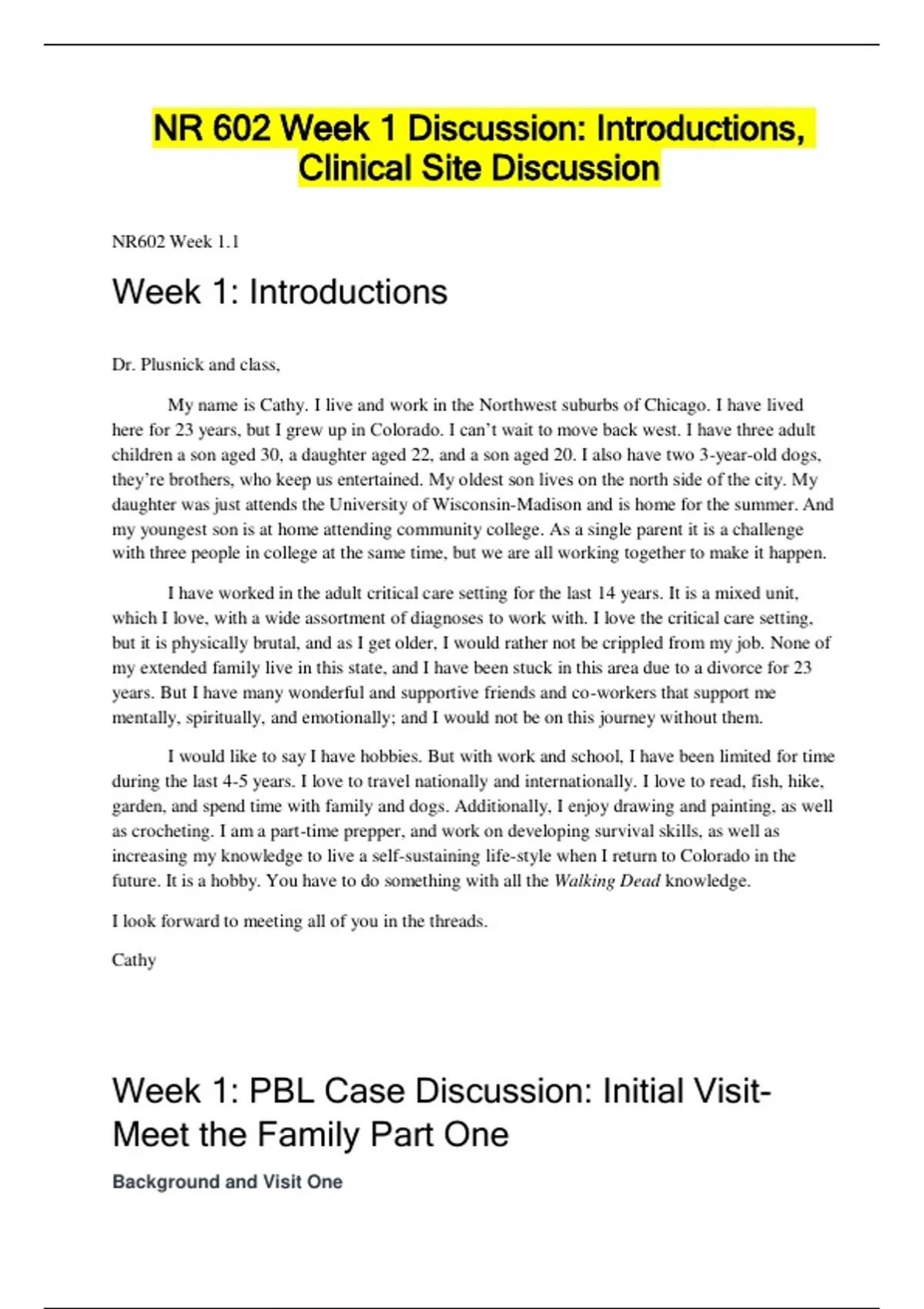 NR 602 Week 1 Discussion Introductions, Clinical Site Discussion ...