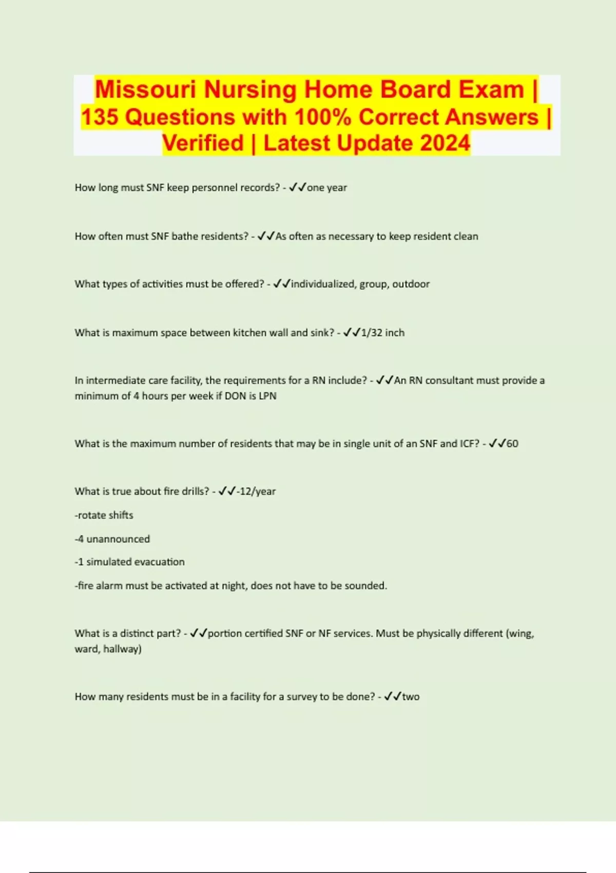 Missouri Nursing Home Board Exam 135 Questions with 100 Correct