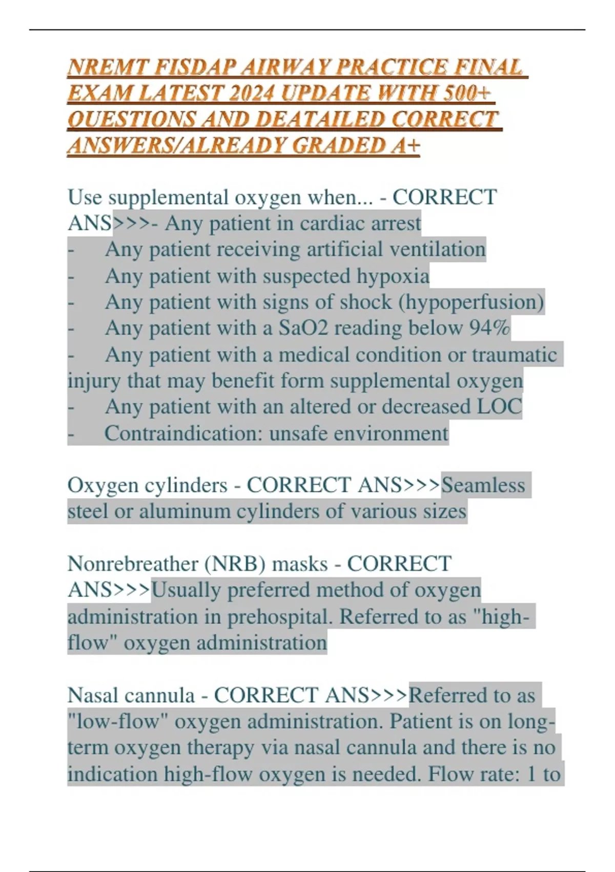 NREMT FISDAP AIRWAY PRACTICE FINAL EXAM LATEST 2024 UPDATE WITH 500 ...