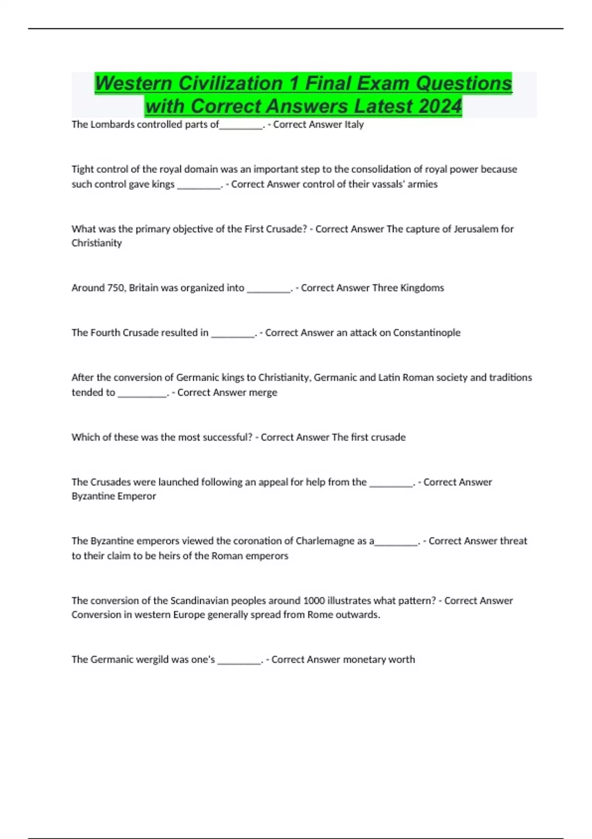 Western Civilization 1 Final Exam Questions with Correct Answers Latest ...