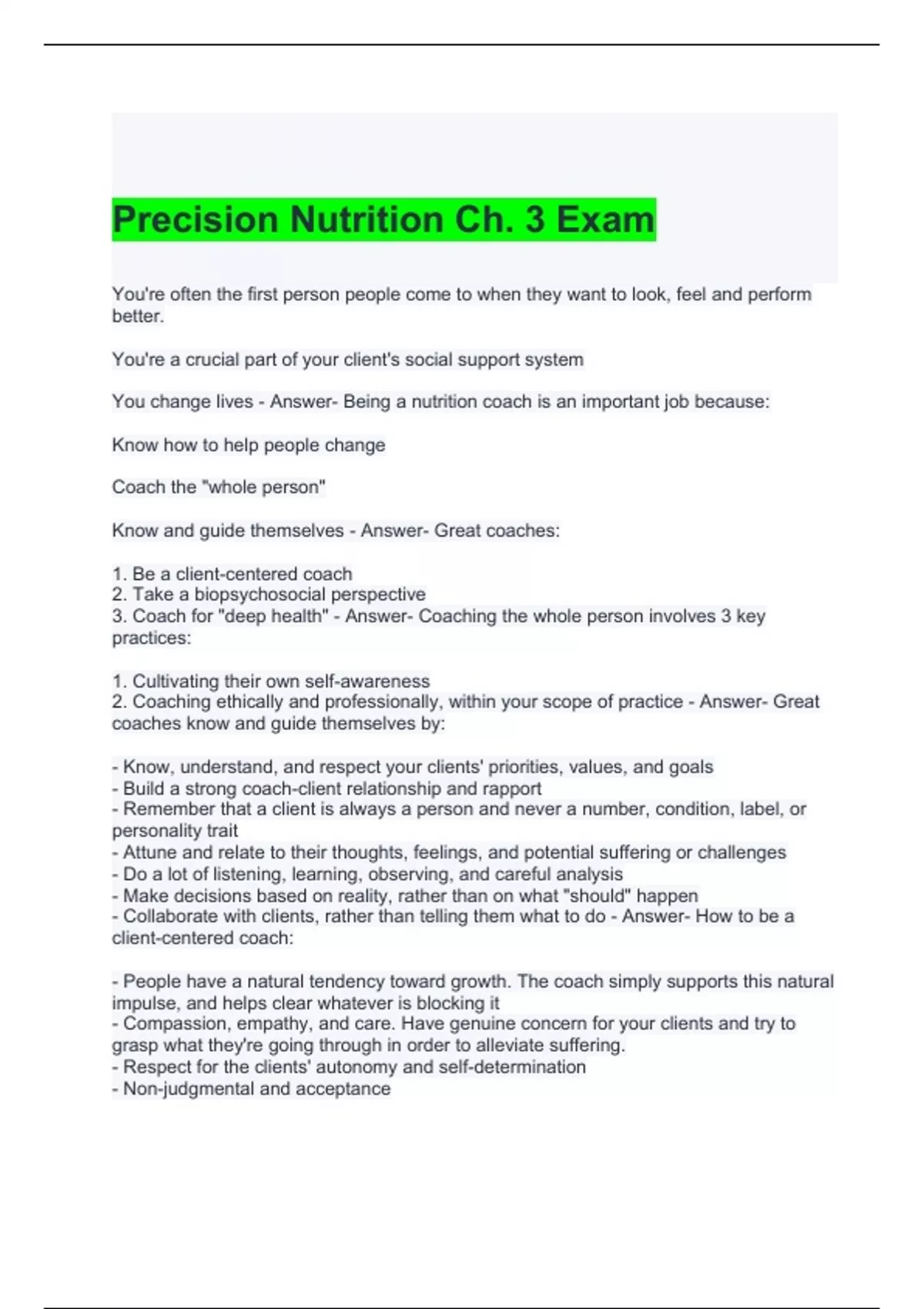 Precision Nutrition Ch. 3 Exam Questions and Answers (Graded A ...