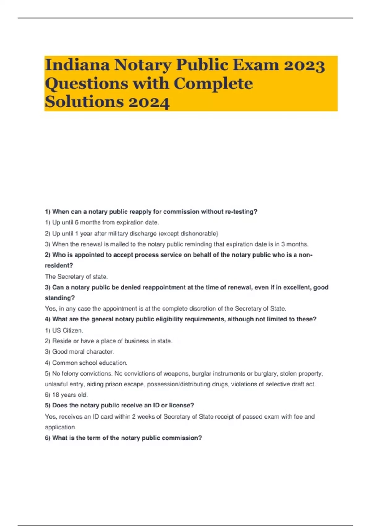 Indiana Notary Public Exam 2023 Questions with Complete Solutions 2024