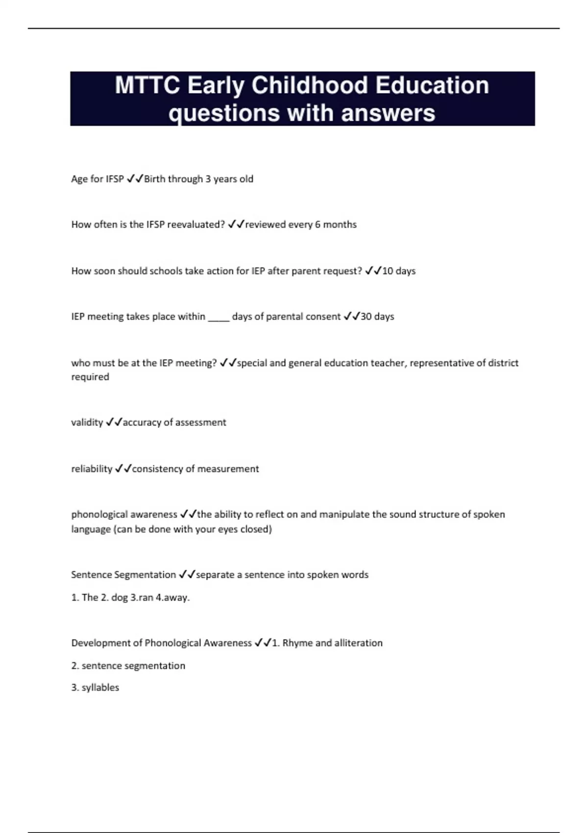 MTTC Early Childhood Education questions with answers MTTC Stuvia US