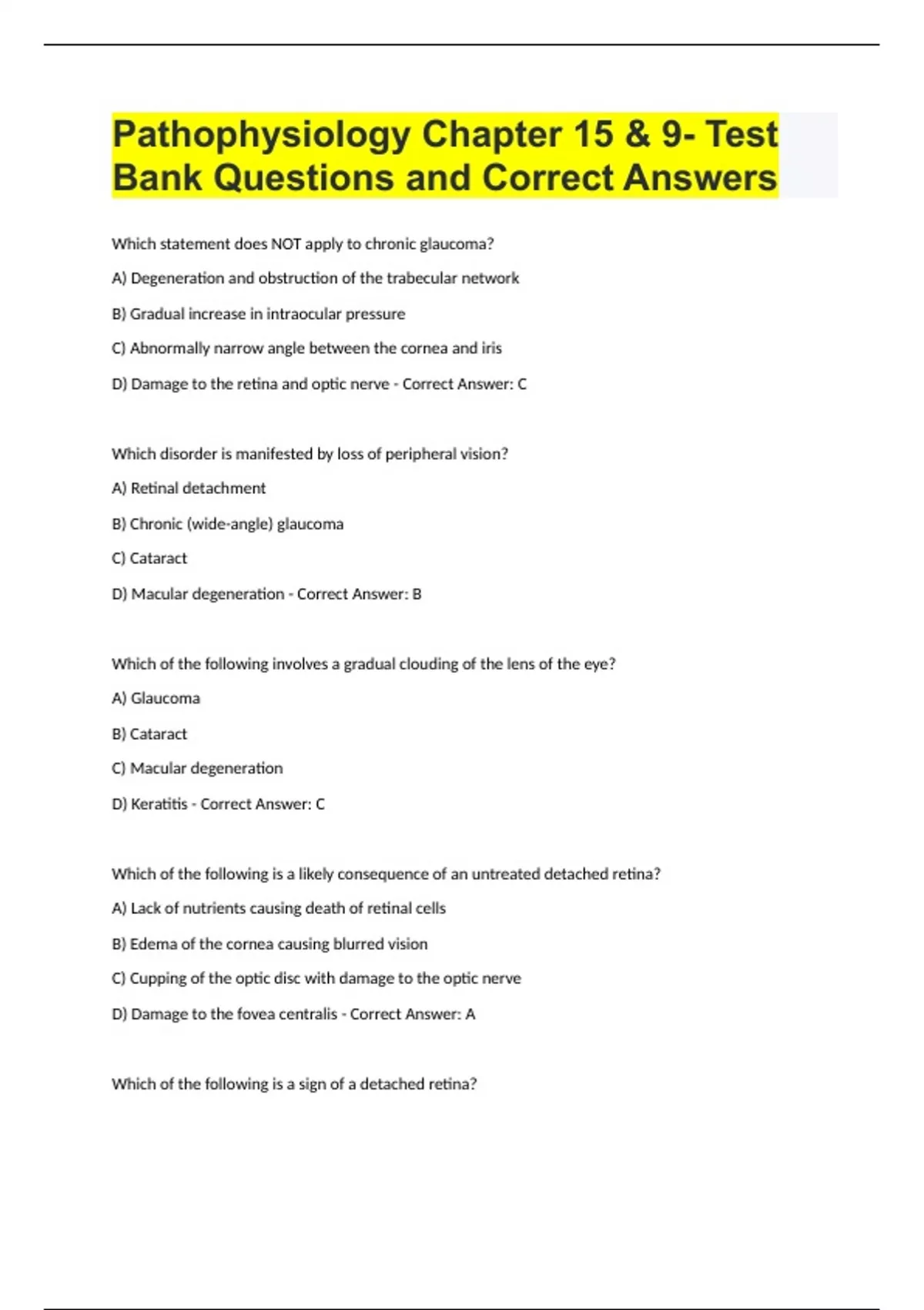 Pathophysiology Chapter 15 & 9- Test Bank Questions and Correct Answers ...