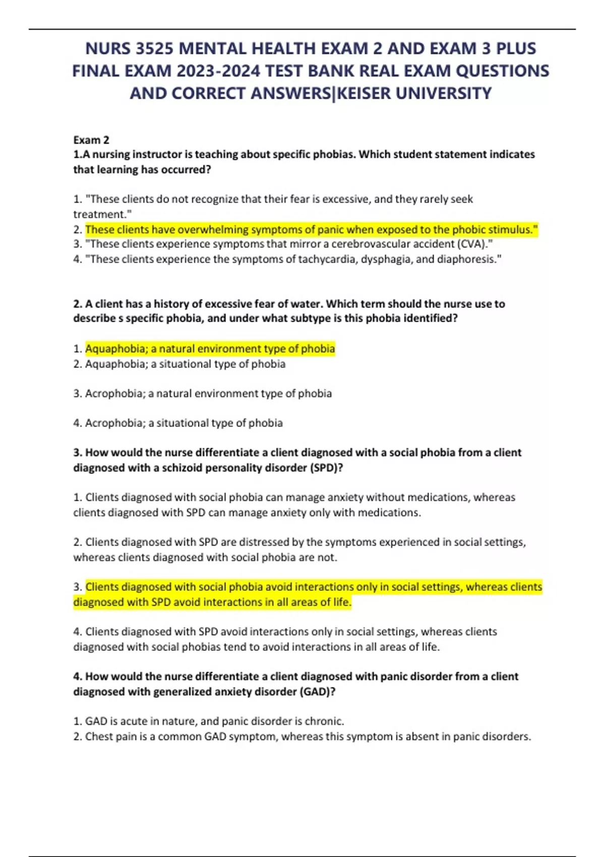 NURS 3525 MENTAL HEALTH EXAM 2 AND EXAM 3 PLUS FINAL EXAM TEST BANK ...