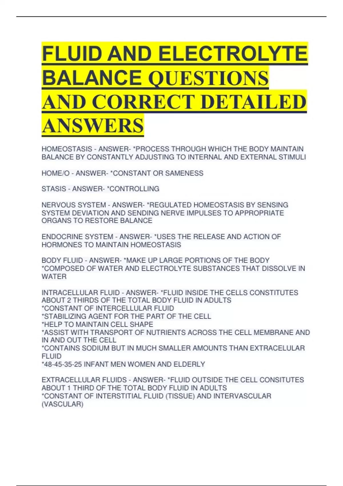 UPDATED 2024 FLUID AND ELECTROLYTE BALANCE QUESTIONS AND CORRECT ...