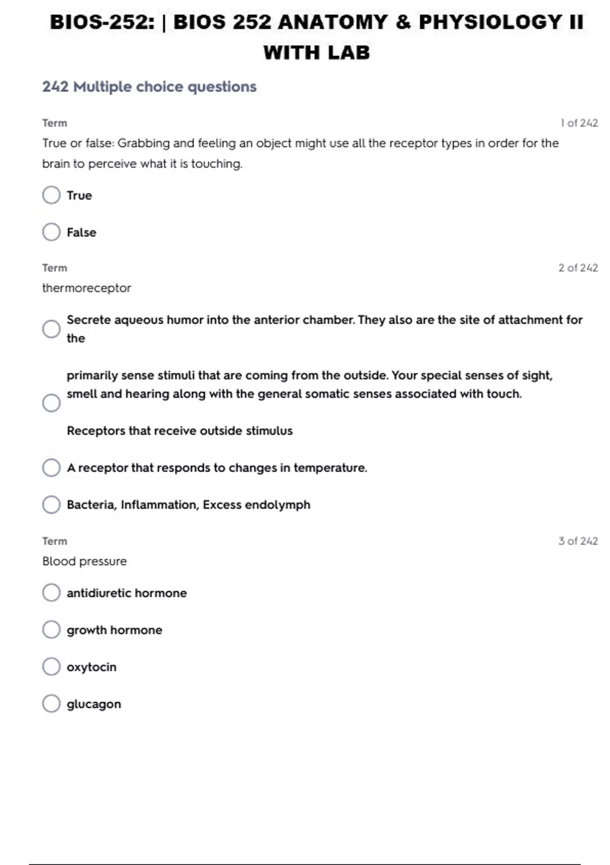 BIOS 252 ANATOMY & PHYSIOLOGY II WITH LAB PRACTICE TEST 16 WITH CORRECT ...