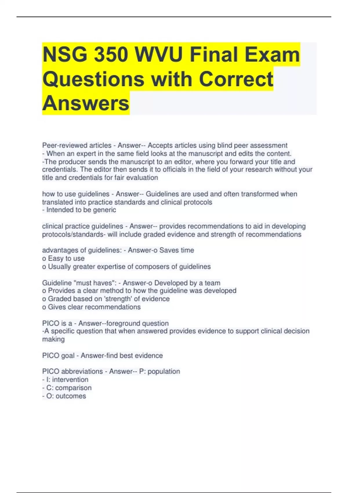 NSG 350 WVU Final Exam Questions with Correct Answers - NSG 350 - Stuvia US