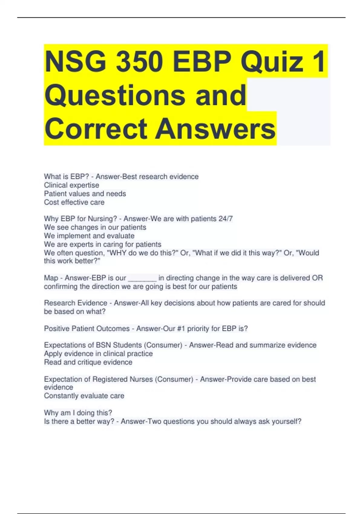 NSG 350 EBP Quiz 1 Questions and Correct Answers - NSG 350 - Stuvia US