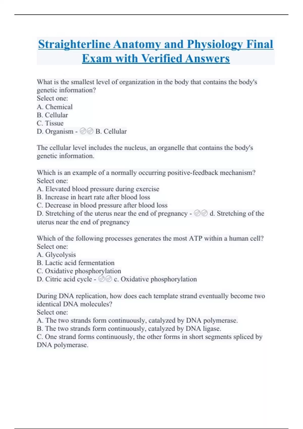 Straighterline Anatomy and Physiology Final Exam with Verified Answers ...