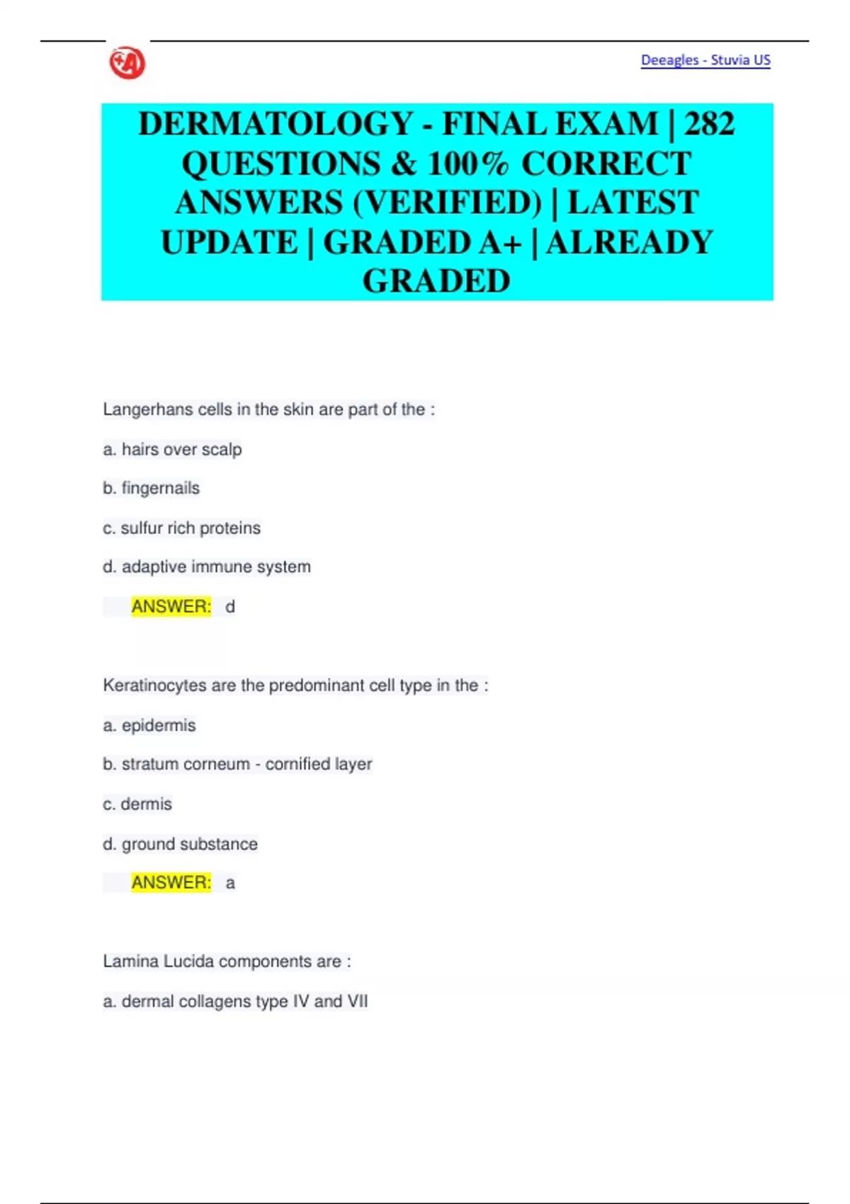 DERMATOLOGY - FINAL EXAM | 282 QUESTIONS & 100% CORRECT ANSWERS ...