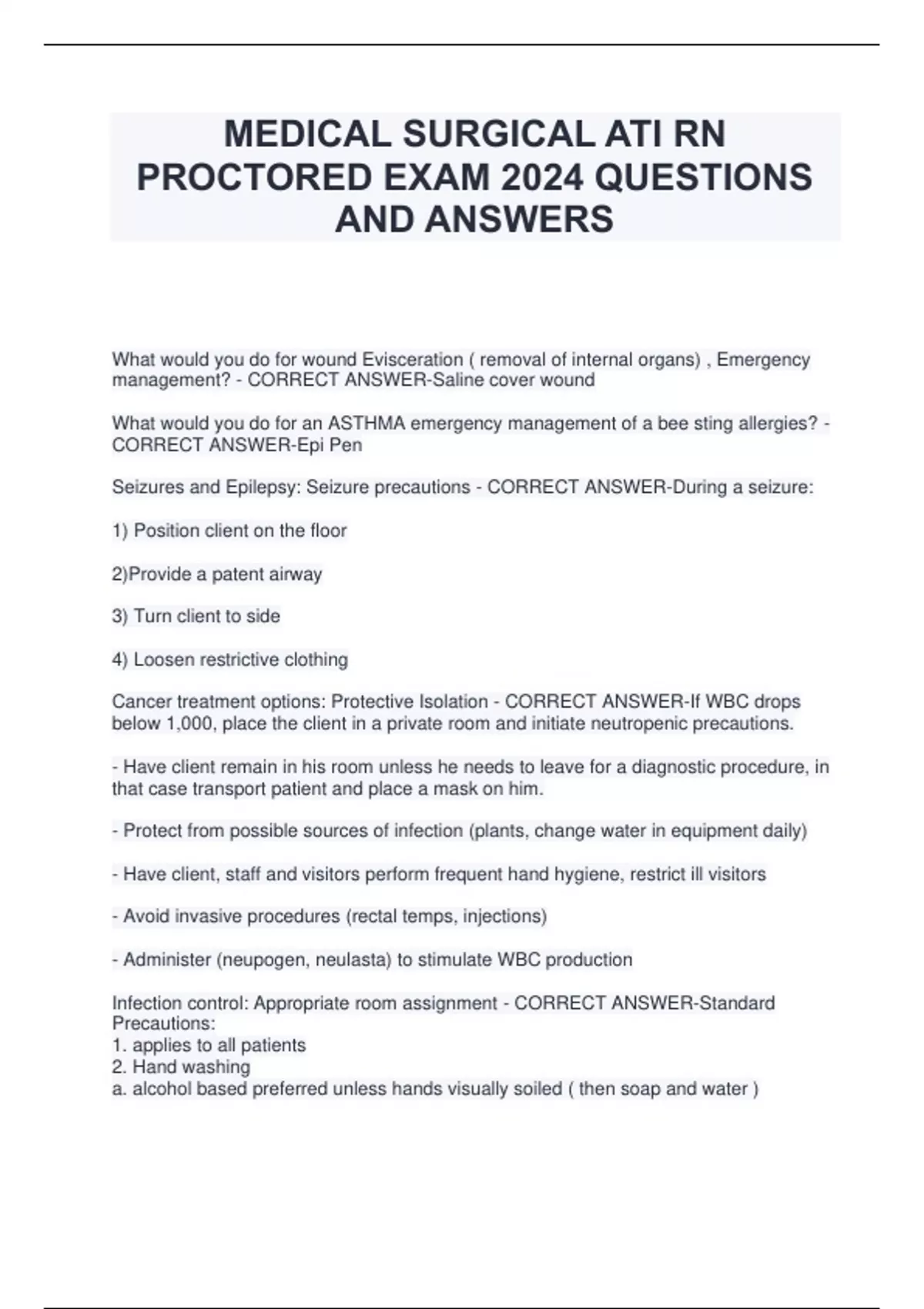 MEDICAL SURGICAL ATI RN PROCTORED EXAM 2024 QUESTIONS AND ANSWERS ...