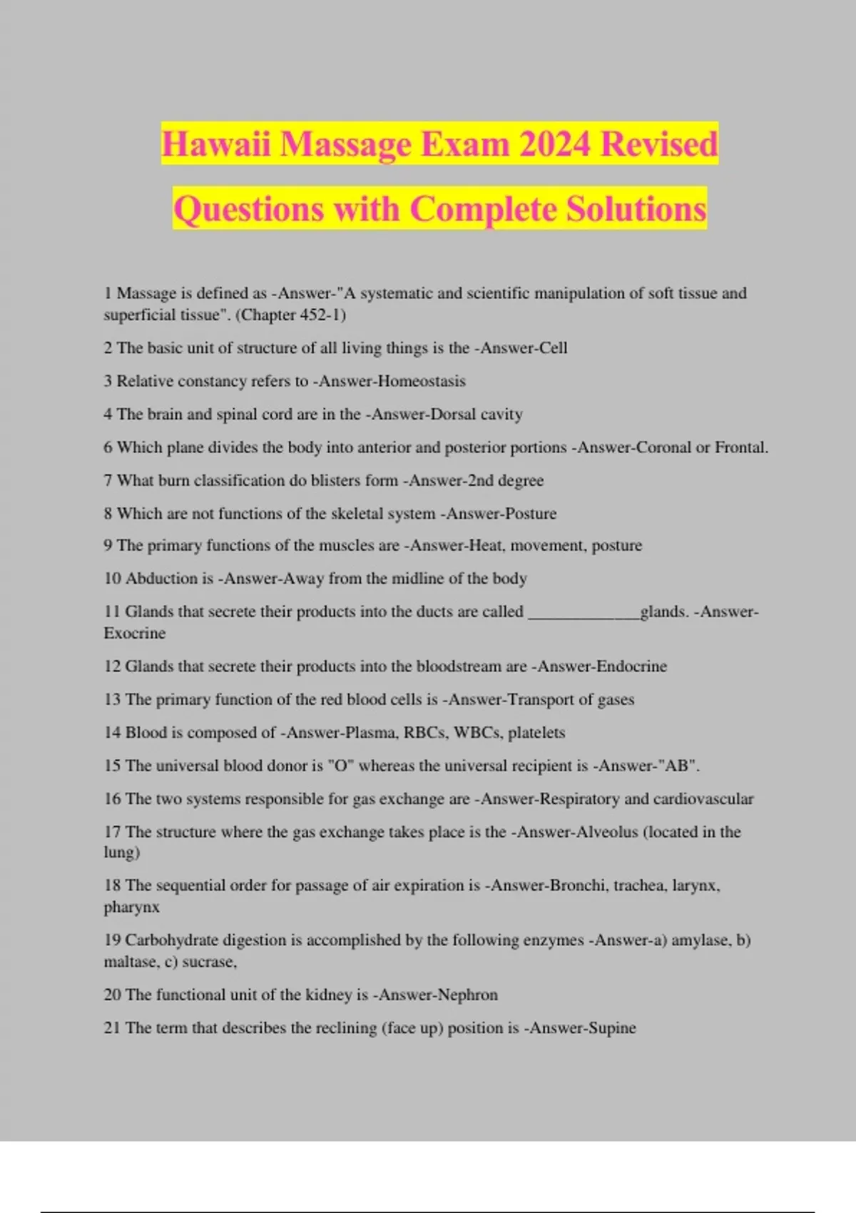 Hawaii Massage Bundled Exams Questions and Answers |100% Verified and ...