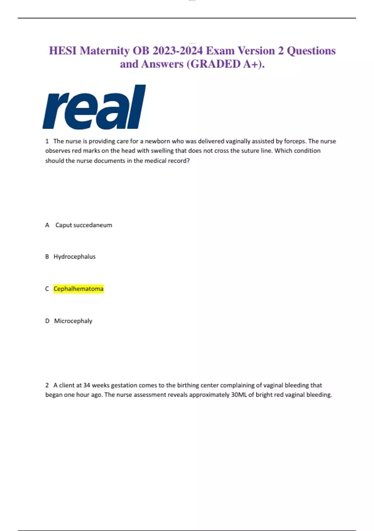 HESI Maternity OB Exam Version 2 Questions and Answers (GRADED A+ ...