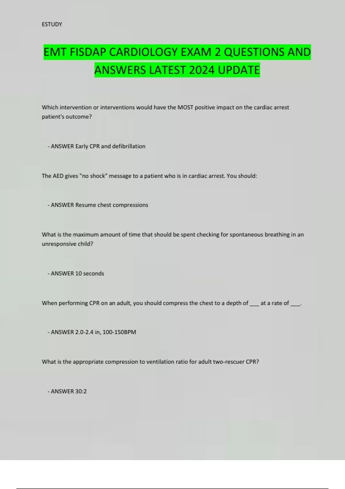 Emt Fisdap Cardiology Exam 2 Questions And Answers Latest 2024 Update