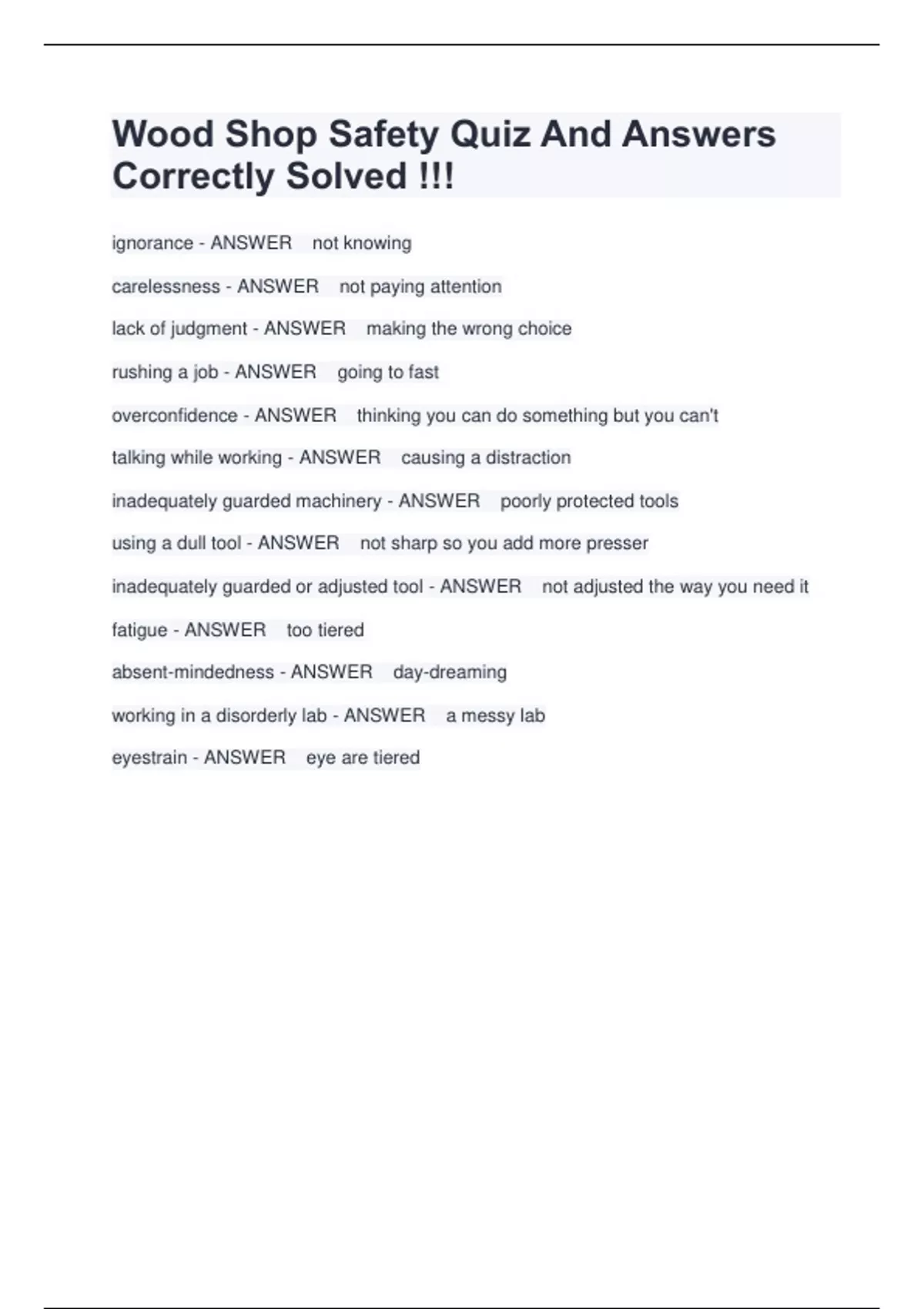 Wood Shop Safety Quiz And Answers Correctly Solved !!! Wood Shop