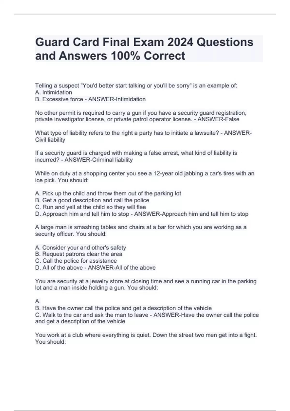 Guard Card Example Questions Guard Card Final Exam 2024 Questions and Answers 100% Correct - Guard ...