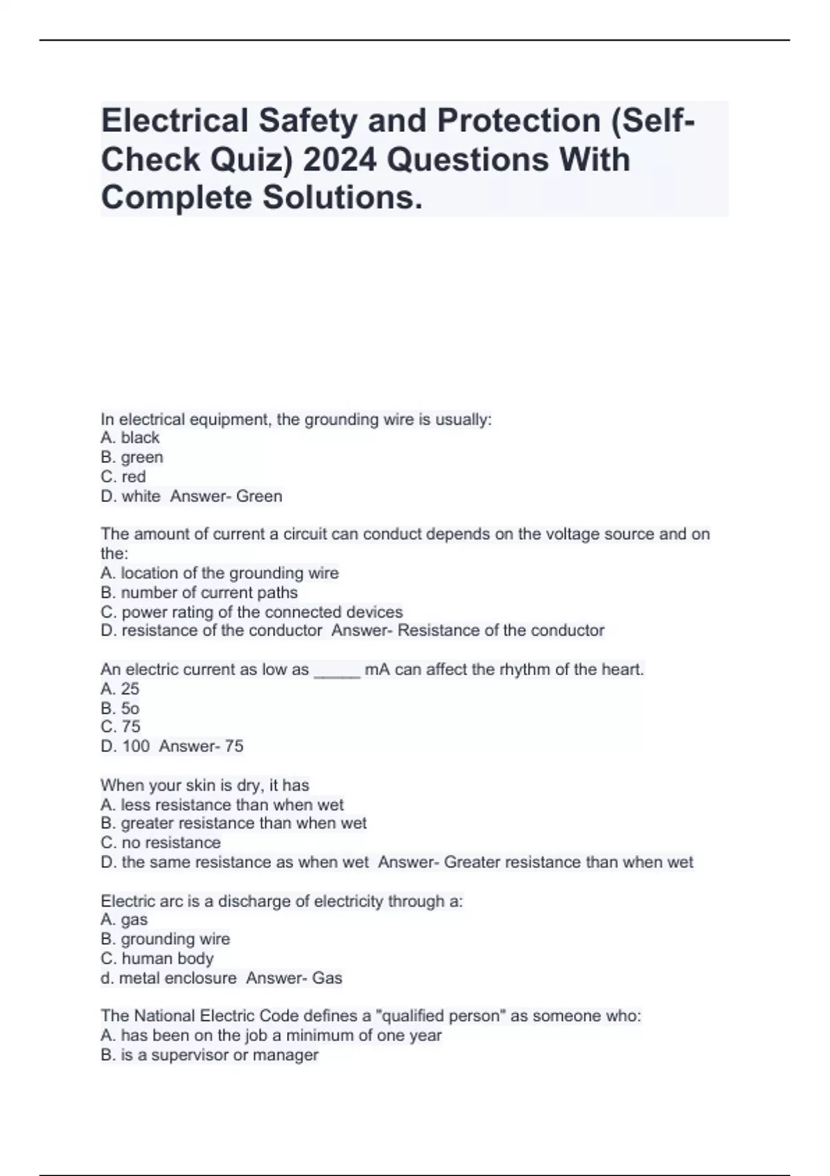 Electrical Safety and Protection (Self-Check Quiz) 2024 Questions With Complete Solutions ...
