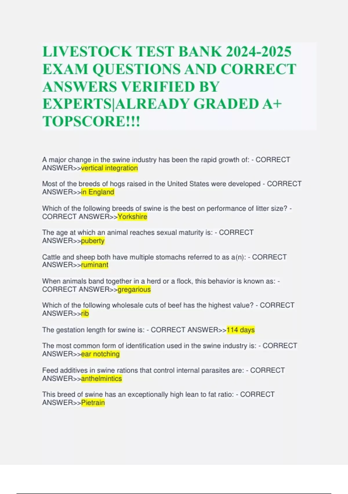 LIVESTOCK TEST BANK EXAM QUESTIONS AND CORRECT ANSWERS VERIFIED BY