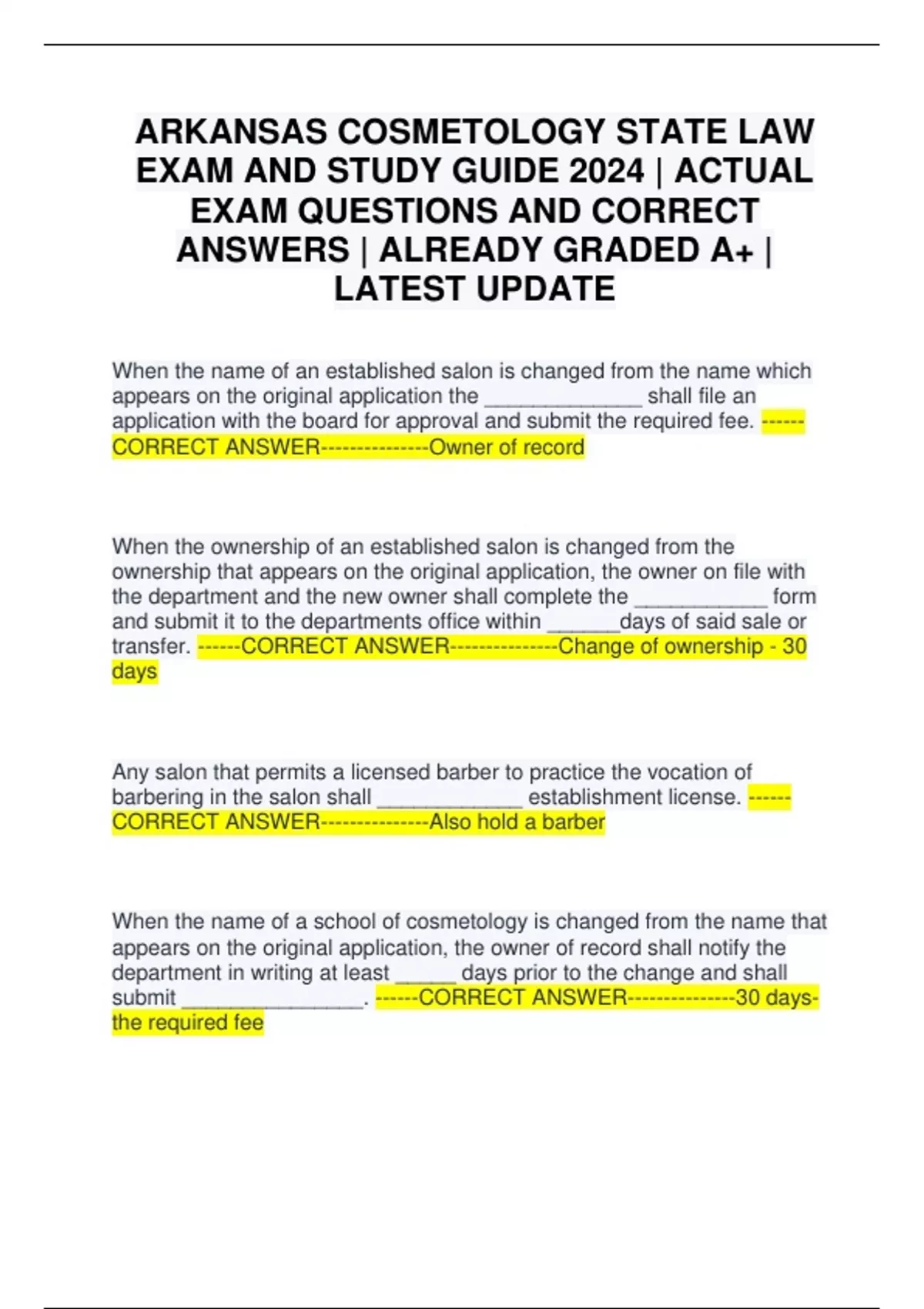 ARKANSAS COSMETOLOGY STATE LAW EXAM AND STUDY GUIDE 2024 ACTUAL EXAM