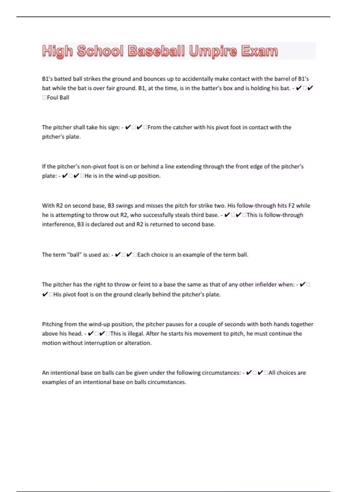 High School Baseball Umpire 159 Exam Questions with 100 Correct