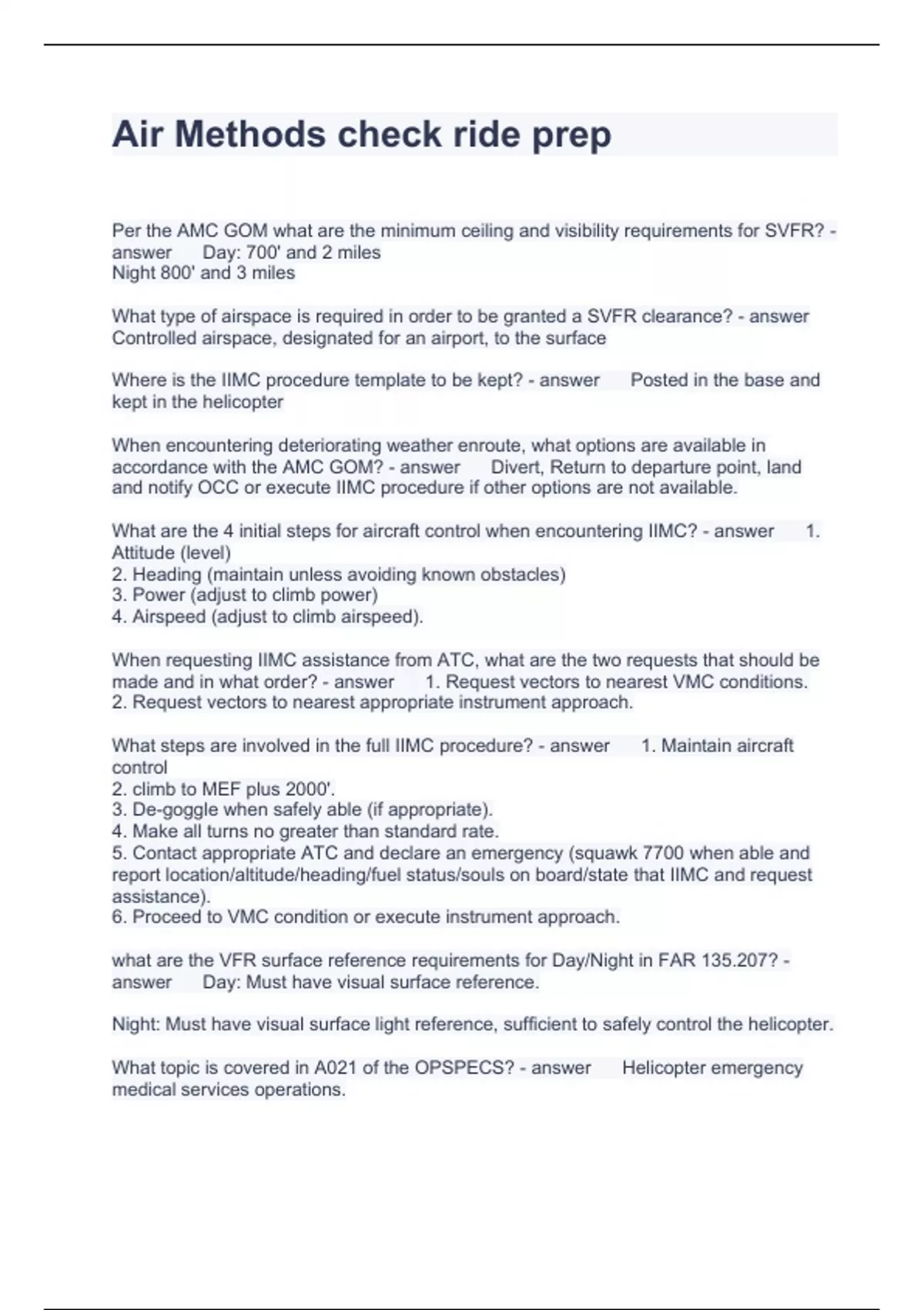 Air Methods check ride prep Questions with correct Answers 2024 - Air ...