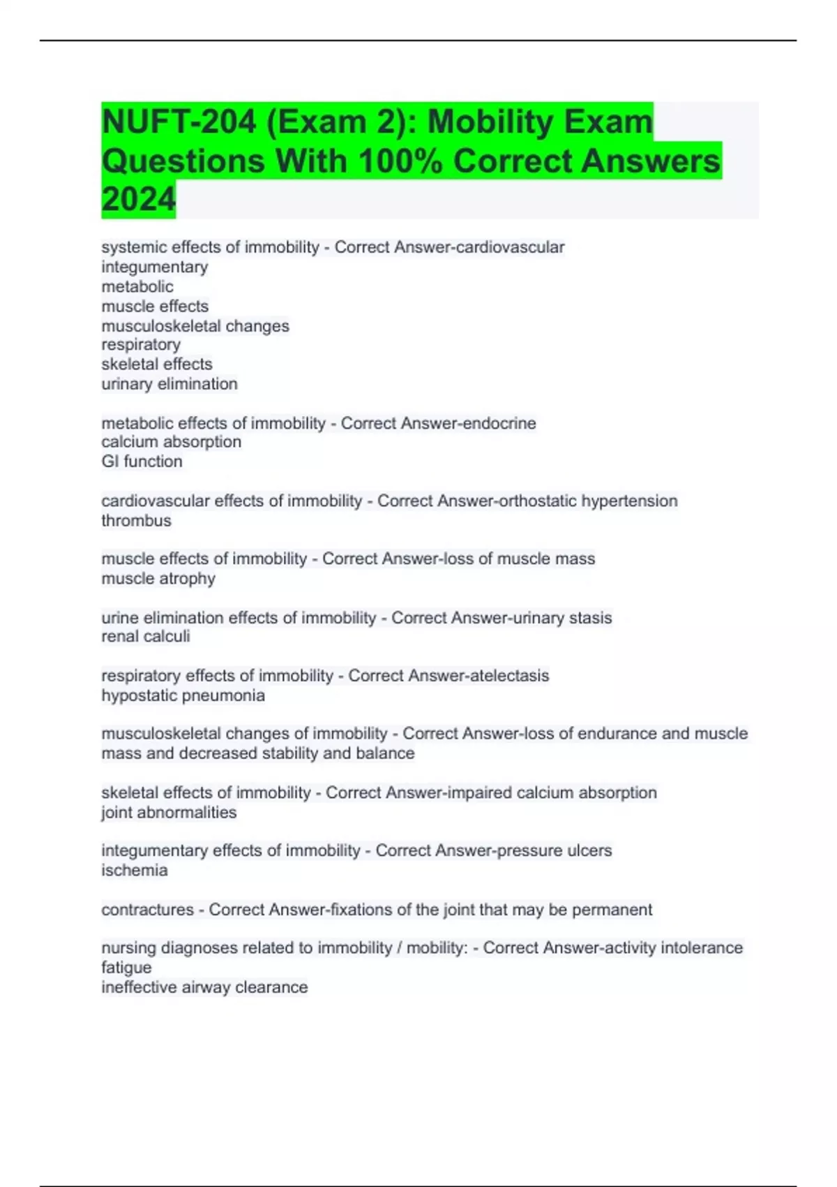 NUFT-204 (Exam 2): Mobility Exam Questions With 100% Correct Answers ...