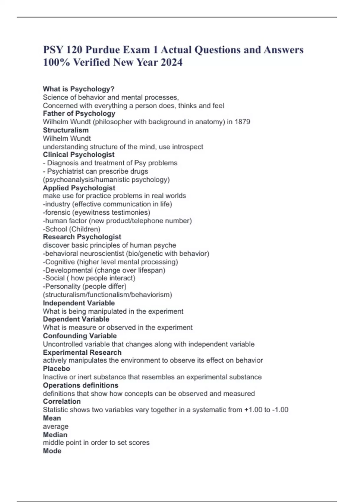 PSY 120 Purdue Exam 1 Actual Questions and Answers 100% Verified New ...