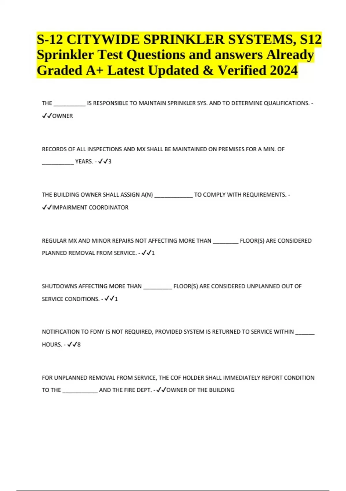 S12 CITYWIDE SPRINKLER SYSTEMS, S12 Sprinkler Test Questions and