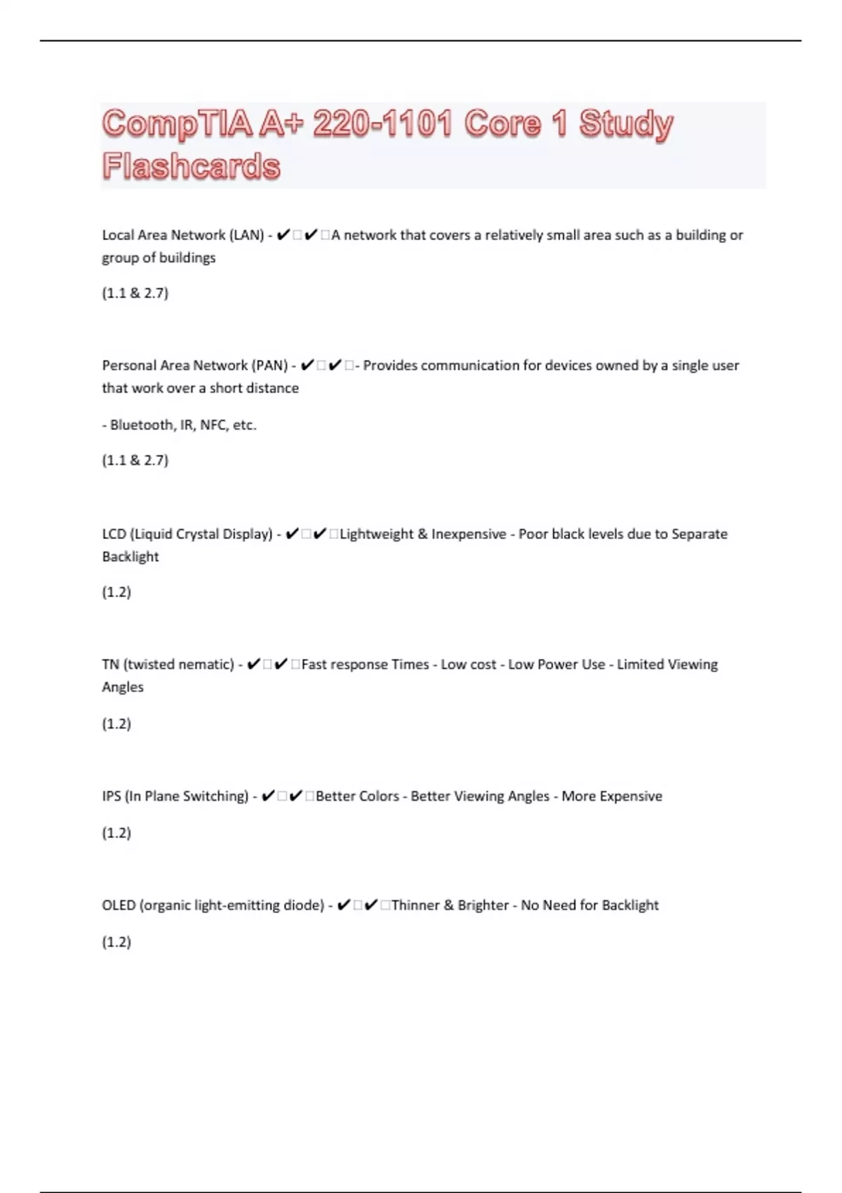 CompTIA A+ 2201101 Core 1 Study Flashcards 160 Questions with 100