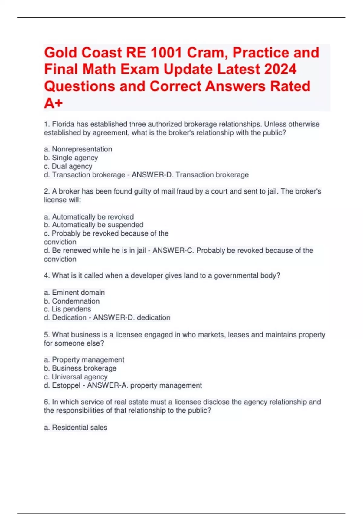 Gold Coast RE 1001 Cram, Practice and Final Math Exam Update Latest ...