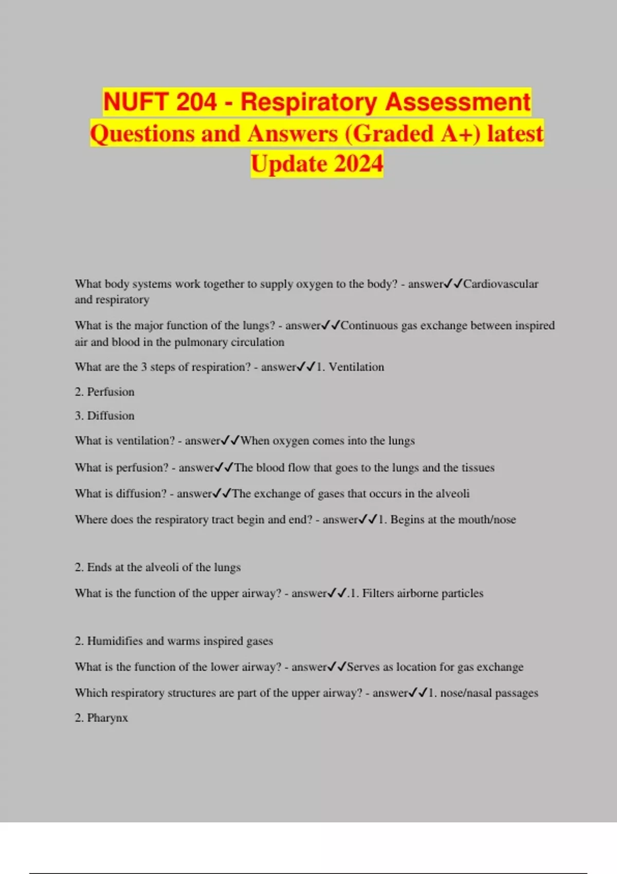 NUFT 204 - Respiratory Assessment Questions and Answers (Graded A+ ...