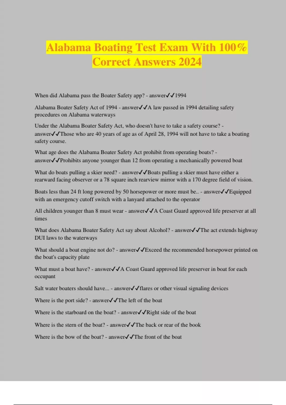 Alabama Boating Test Exam With 100 Correct Answers 2024 Alabama