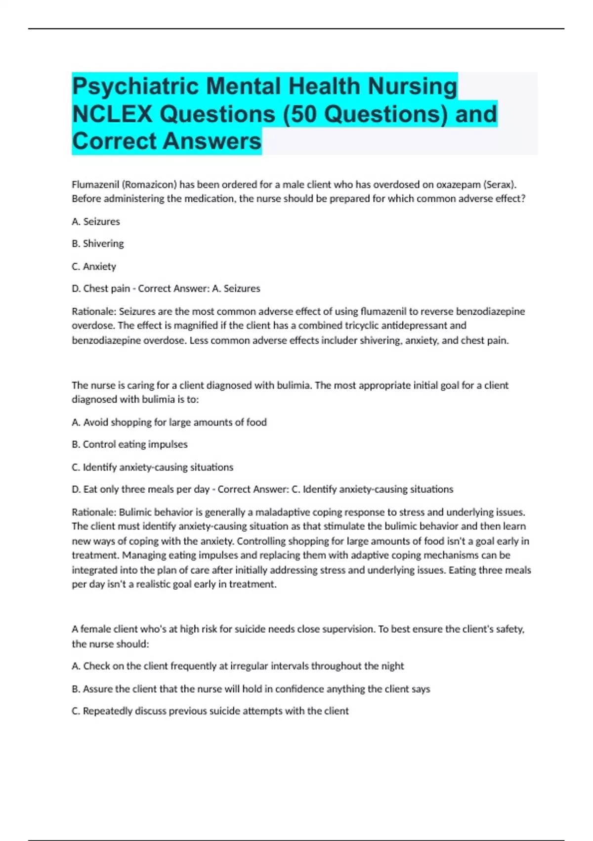 Psychiatric Mental Health Nursing NCLEX Questions (50 Questions) and ...